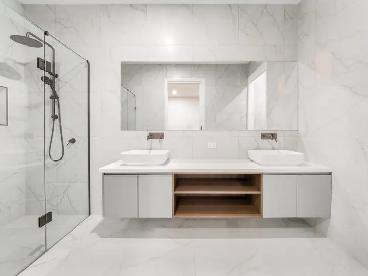 Double vanity with twin vessel basins, in a single-storey home Oakview built in Clyde North